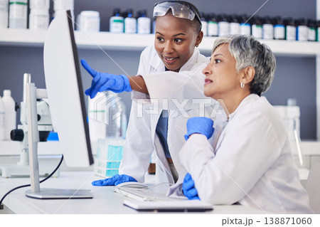 Scientist, team and women in lab, computer with digital science experiment results and medical research data online. Female doctors, collaboration and chemistry, review study information and biotech Scientist, team and women in lab, computer with digital science experiment results and medical research data online. Female doctors, collaboration and chemistry, review study information and biotech 138871060