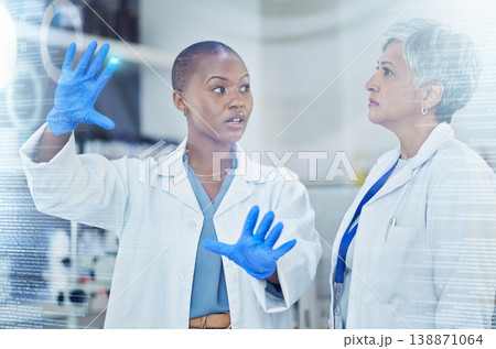 Scientist, team and women, code and overlay, digital information with medical research data results in laboratory. Female doctors, discussion and review science analytics with scientific experiment Scientist, team and women, code and overlay, digital information with medical research data results in laboratory. Female doctors, discussion and review science analytics with scientific experiment 138871064