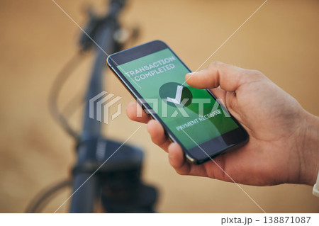 Hands, phone screen and payment notification for transaction, ecommerce or banking outdoor. Fintech, smartphone and person on app for online shopping, internet sales or check mark for digital finance 138871087