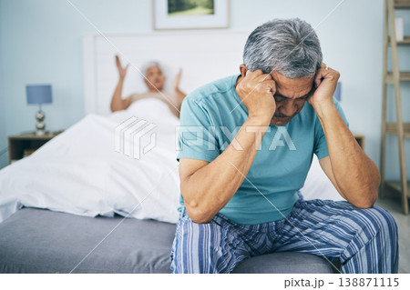 Bed, divorce and senior couple with anxiety, angry and ignore with infidelity, marriage and frustrated. Stress, old man and elderly woman in a bedroom, fight and depression with marital problems 138871115