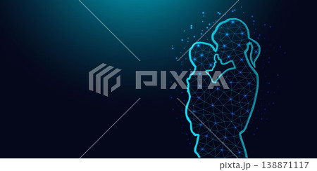 Low poly wireframe of a mother holding her child on dark blue background. Low poly wireframe of a mother holding her child on dark blue background. 138871117