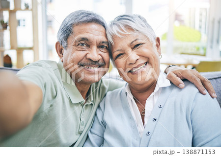 Selfie, home and senior couple with love, hug and retirement with marriage, bonding and quality time. Portrait, happy old man and elderly woman embrace, social media and profile picture with romance 138871153