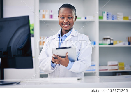 Black woman, tablet and pharmacist with checklist at counter for medicine stock, info and advice on drugs. Digital list, pharmacy and medical professional on online inventory for telehealth at shelf. Black woman, tablet and pharmacist with checklist at counter for medicine stock, info and advice on drugs. Digital list, pharmacy and medical professional on online inventory for telehealth at shelf. 138871206