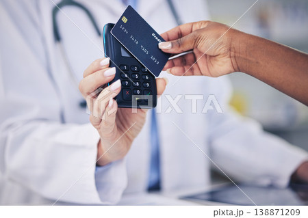Woman, pharmacist and hands with credit card for payment or electronic purchase on pos at pharmacy. Closeup of female person and customer tap to pay or scan for pharmaceutical medication at drugstore Woman, pharmacist and hands with credit card for payment or electronic purchase on pos at pharmacy. Closeup of female person and customer tap to pay or scan for pharmaceutical medication at drugstore 138871209