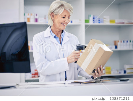 Senior pharmacist, woman and scanning package, cashier with medicine and pharmacy, digital and stock barcode. Pharmaceutical, box of drugs and female person with health, service and retail commerce 138871211