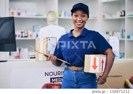 Black woman, package and pharmacy in portrait with delivery or medical items for stock. Employee, parcel and face with cardboard box or healthcare product with smile for job, shipping or logistics. Black woman, package and pharmacy in portrait with delivery or medical items for stock. Employee, parcel and face with cardboard box or healthcare product with smile for job, shipping or logistics. 138871212