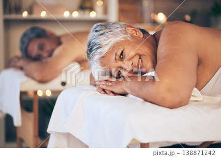 Senior couple, spa massage and portrait with luxury treatment in retirement with a smile. Woman, beauty salon and hotel room together with cosmetics, wellness and happy from peace and hospitality 138871242