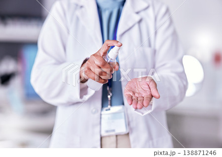 Scientist, hands and spray, sanitizer and hygiene with medical research and person cleaning palm in lab. Doctor, safety from bacteria and virus with health, protection and chemical disinfectant Scientist, hands and spray, sanitizer and hygiene with medical research and person cleaning palm in lab. Doctor, safety from bacteria and virus with health, protection and chemical disinfectant 138871246