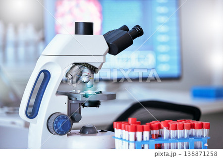 Medical, blood sample and microscope in laboratory for research, DNA testing and examination. Healthcare, biotechnology and science equipment for vaccine development, analysis and medicine discovery Medical, blood sample and microscope in laboratory for research, DNA testing and examination. Healthcare, biotechnology and science equipment for vaccine development, analysis and medicine discovery 138871258