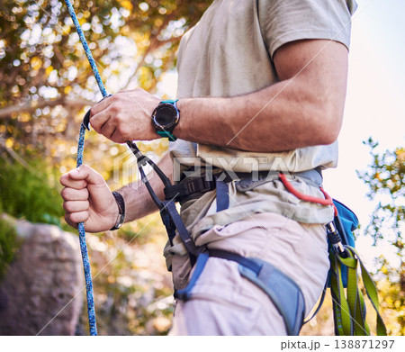 Rock climbing, mountain and man with rope and harness for adventure, freedom and extreme sports in nature. Fitness, hiking and male person with equipment or gear for training, activity and challenge Rock climbing, mountain and man with rope and harness for adventure, freedom and extreme sports in nature. Fitness, hiking and male person with equipment or gear for training, activity and challenge 138871297