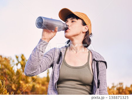 Thinking, sports and woman drinking water in nature for wellness, health and after training. Hydration, idea and an athlete with a bottle to drink after running, workout or cardio on the mountain 138871325