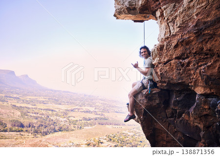 Rock climbing, shaka and portrait with man on mountains for sports, space and adventure. Nature, exercise and travel with person training on cliff for rope, challenge and performance mockup Rock climbing, shaka and portrait with man on mountains for sports, space and adventure. Nature, exercise and travel with person training on cliff for rope, challenge and performance mockup 138871356