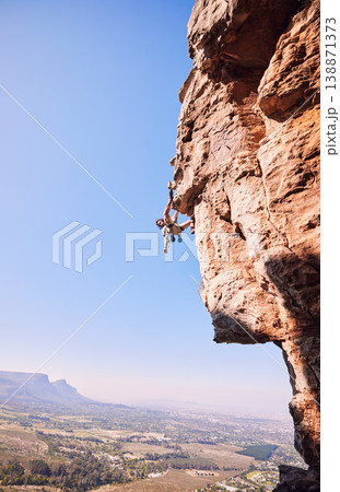 Travel, rock climbing and space with man on mountain for fitness, adventure and challenge. Nature, workout and hiking with person training on cliff for sports, freedom and exercise mockup Travel, rock climbing and space with man on mountain for fitness, adventure and challenge. Nature, workout and hiking with person training on cliff for sports, freedom and exercise mockup 138871373