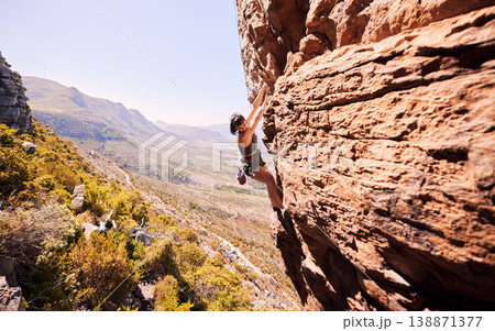 Fitness, rock climbing and explore with woman on mountain for sports, adventure and challenge. Health, workout and hiking with person training on cliff for travel, freedom and exercise mockup Fitness, rock climbing and explore with woman on mountain for sports, adventure and challenge. Health, workout and hiking with person training on cliff for travel, freedom and exercise mockup 138871377