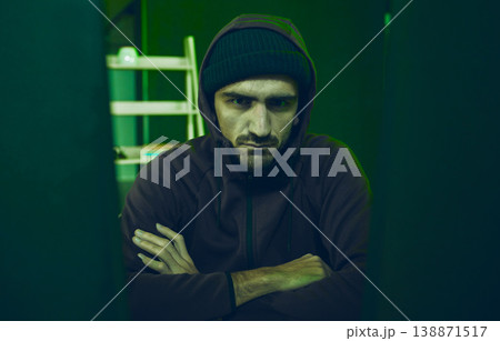 Cybersecurity, crime and portrait of hacker in neon basement with code, fraud and online scam. Software criminal, serious and professional hacker on cyber attack, password thief with hoodie and tech. Cybersecurity, crime and portrait of hacker in neon basement with code, fraud and online scam. Software criminal, serious and professional hacker on cyber attack, password thief with hoodie and tech. 138871517