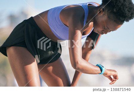 Outdoor, fitness and black woman with progress, smart watch and target with exercise, wellness and body health. Female person, runner and athlete with tech, challenge and performance while breathing 138871540
