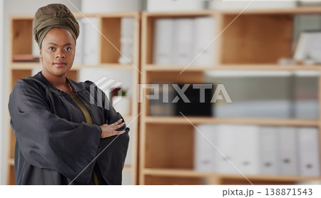 Portrait, lawyer and justice with black woman or confidence at legal agency with vision or idea. Empowerment, face and proud with leadership or african attorney with arms crossed at corporate office. Portrait, lawyer and justice with black woman or confidence at legal agency with vision or idea. Empowerment, face and proud with leadership or african attorney with arms crossed at corporate office. 138871543
