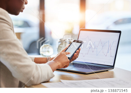 Laptop screen, phone and man for stock market, data analytics, lines and graphs in financial increase. Finance statistics, mobile analysis and entrepreneur or person on computer for business research Laptop screen, phone and man for stock market, data analytics, lines and graphs in financial increase. Finance statistics, mobile analysis and entrepreneur or person on computer for business research 138871545