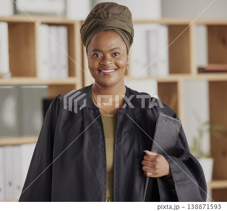 Happy, lawyer and black woman in portrait with confidence legal agency with empowerment. Smile, positive and african female attorney at company or law firm with pride as advocate for justice. Happy, lawyer and black woman in portrait with confidence legal agency with empowerment. Smile, positive and african female attorney at company or law firm with pride as advocate for justice. 138871593