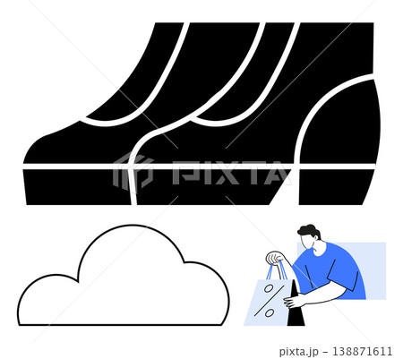 Online retail, digital storage, data security, e-commerce, consumer behavior, modern marketing. Stylized shoes, a cloud and a person holding a shopping bag. Online retail and digital storage Online retail, digital storage, data security, e-commerce, consumer behavior, modern marketing. Stylized shoes, a cloud and a person holding a shopping bag. Online retail and digital storage 138871611