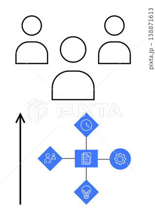 Business development, teamwork, productivity, project management, organization, planning. Team icons with upward arrow and process chart. Business growth and teamwork concepts 138871613