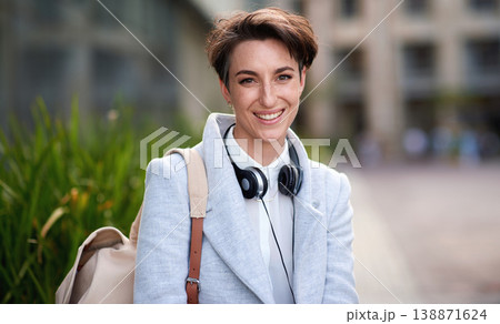 Business woman, smile in portrait outdoor, young creative in city with success, happy and travel to work. Mockup, headshot and professional with headphones, content creator or web designer in Boston Business woman, smile in portrait outdoor, young creative in city with success, happy and travel to work. Mockup, headshot and professional with headphones, content creator or web designer in Boston 138871624