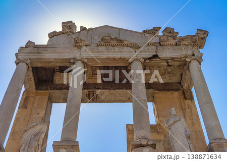 Roman theatre of Philippopolis, Plovdiv, Bulgaria. Plovdiv roman pillars with statues, stone facade at ancient theatre, classical architecture, historic ruins landmark. Archaeology architecture 138871634