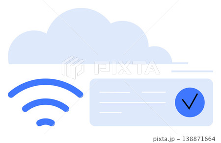 Cloud storage, online security, wireless data transfer, reliable internet, digital verification, authentication. Visual of a cloud, wireless icon and checkmark. Cloud storage and online security Cloud storage, online security, wireless data transfer, reliable internet, digital verification, authentication. Visual of a cloud, wireless icon and checkmark. Cloud storage and online security 138871664