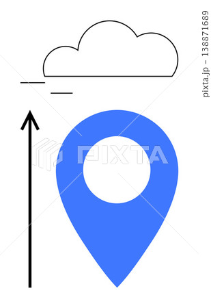 Navigation, cloud computing, goal achievement, geolocation, direction, technology services. Blue location pin with a cloud and rising arrow. Navigation and cloud computing concept Navigation, cloud computing, goal achievement, geolocation, direction, technology services. Blue location pin with a cloud and rising arrow. Navigation and cloud computing concept 138871689