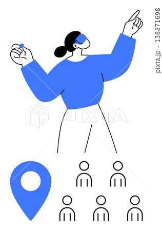 Business networking, location services, leadership, teamwork, group coordination, community building. Woman gesturing with a pinpoint icon and a group of people. Business networking and location Business networking, location services, leadership, teamwork, group coordination, community building. Woman gesturing with a pinpoint icon and a group of people. Business networking and location 138871698