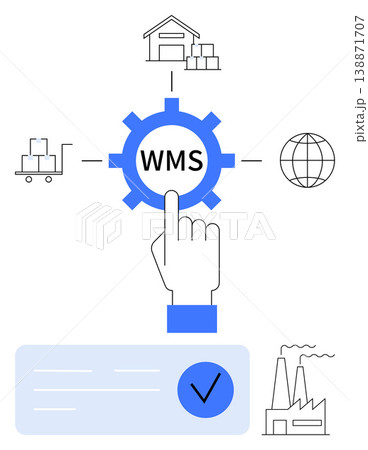 Supply chain, logistics software, data management, globalization, inventory control, warehousing solutions. Hand interacting with a gear labeled WMS surrounded by warehouse and factory icons. Supply Supply chain, logistics software, data management, globalization, inventory control, warehousing solutions. Hand interacting with a gear labeled WMS surrounded by warehouse and factory icons. Supply 138871707