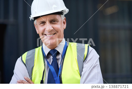 Engineer, construction and portrait of senior man outdoor for building project management. Face of happy contractor person and helmet for civil engineering, safety and development at site with vision Engineer, construction and portrait of senior man outdoor for building project management. Face of happy contractor person and helmet for civil engineering, safety and development at site with vision 138871721