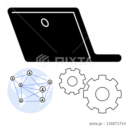 Technology, global network, connectivity, automation, business solutions, digital systems. Laptop, world map with interconnected nodes and gears. Technology and global network concept Technology, global network, connectivity, automation, business solutions, digital systems. Laptop, world map with interconnected nodes and gears. Technology and global network concept 138871724