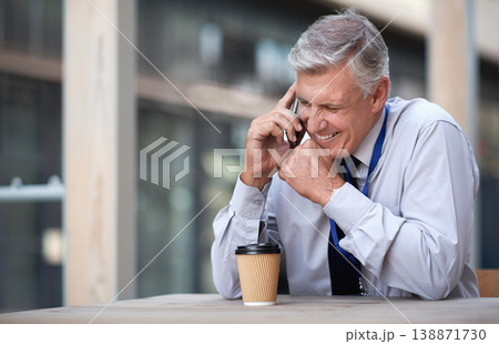 Phone call, business man and laughing in city, street or town while talking with contact. Technology, comic and happy senior male entrepreneur with 5g mobile smartphone laugh at funny joke or comedy. 138871730