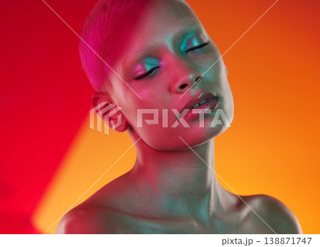 Skincare, makeup and woman with neon lights, beauty and wellness on studio background. Female, lady and cosmetics with vibrant face paint, creative and organic facial with confidence and backdrop Skincare, makeup and woman with neon lights, beauty and wellness on studio background. Female, lady and cosmetics with vibrant face paint, creative and organic facial with confidence and backdrop 138871747