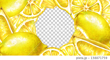 Watercolor lemon fruit horizontal frame with whole lemons and juicy slices Watercolor lemon fruit horizontal frame with whole lemons and juicy slices 138871759