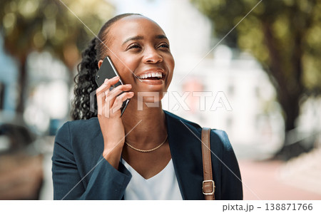 Phone call, business woman and smile outdoor in a city park with networking and connection. Commute, African female person and happy from discussion and talking on a mobile with a conversation Phone call, business woman and smile outdoor in a city park with networking and connection. Commute, African female person and happy from discussion and talking on a mobile with a conversation 138871766