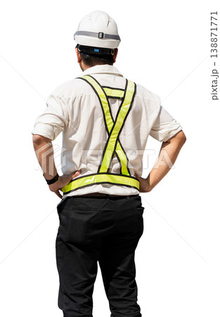 Back view construction worker hands on waist white helmet reflective straps transparent background planning supervision readiness. Back view construction worker hands on waist white helmet reflective straps transparent background planning supervision readiness. 138871771