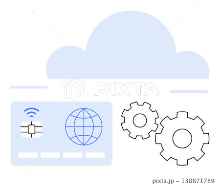 Cloud technology, online security, data integration, system optimization, digital payments, global connectivity. Design features cloud icon, smart card with chip, gears and internet globe icon Cloud technology, online security, data integration, system optimization, digital payments, global connectivity. Design features cloud icon, smart card with chip, gears and internet globe icon 138871789