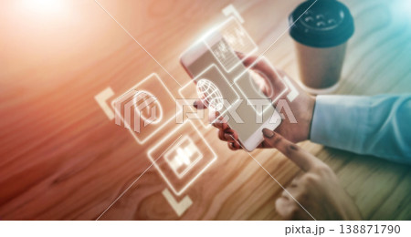 Phone app hologram, erp icon application overlay and business woman hands and digital data. Media application, mobile software and futuristic ai graphic for cloud computing and user networking Phone app hologram, erp icon application overlay and business woman hands and digital data. Media application, mobile software and futuristic ai graphic for cloud computing and user networking 138871790