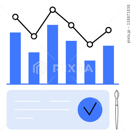 Data analysis, business monitoring, financial trends, performance review, design tools, project management. Bar graph and line chart above an interface with a checkmark and pen. Data analysis 138871838