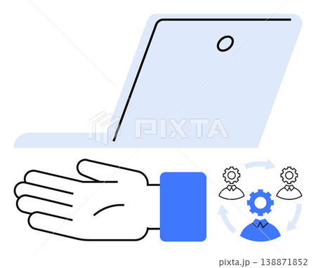 Business processes, teamwork, management systems, workflow automation, technology integration, collaboration. A laptop, hand and interconnected gear icons. Workflow automation and teamwork concepts 138871852