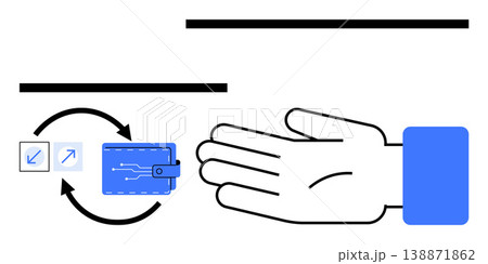 Online banking, digital payments, e-commerce, fintech, financial management, currency transfer. A hand with a digital wallet and arrows showing transaction flow. Online banking and digital payments 138871862