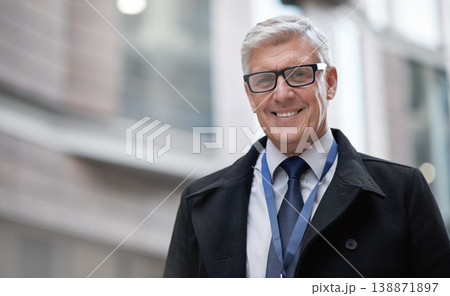 Portrait, smile and business man in city with vision, mission and success mindset. Ceo, boss and happy, confident and proud senior male entrepreneur from Canada in urban street, outdoors or town. 138871897