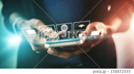 Business man, app for phone and technology abstract with hologram, communication and 3D, chat and email with internet. Digital overlay, smartphone in hands and mockup, futuristic connection and wifi Business man, app for phone and technology abstract with hologram, communication and 3D, chat and email with internet. Digital overlay, smartphone in hands and mockup, futuristic connection and wifi 138872035