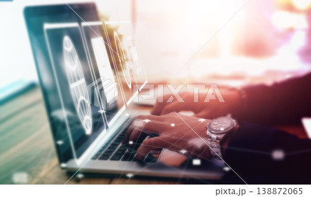 Computer overlay business man and hands typing with digital software graphic of web application. Global stock market, database research and laptop of a finance worker busy with trading database Computer overlay business man and hands typing with digital software graphic of web application. Global stock market, database research and laptop of a finance worker busy with trading database 138872065