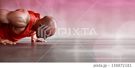 Man, fitness and pushup on floor with space, mockup and wellness for muscle development, goal and vision. Bodybuilder, strong body and anatomy with overlay for training, goal and exercise mock up Man, fitness and pushup on floor with space, mockup and wellness for muscle development, goal and vision. Bodybuilder, strong body and anatomy with overlay for training, goal and exercise mock up 138872181