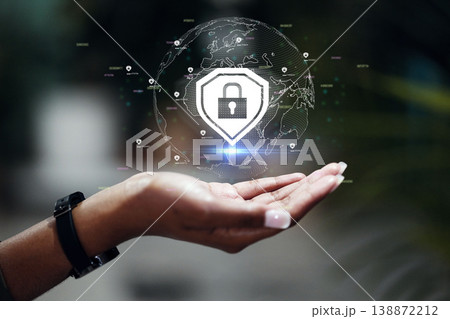 Hologram, hand and person with cyber security, lock and data protection with internet connection, futuristic and gdpr. Closeup, human and holographic with technology, global and symbol with software Hologram, hand and person with cyber security, lock and data protection with internet connection, futuristic and gdpr. Closeup, human and holographic with technology, global and symbol with software 138872212
