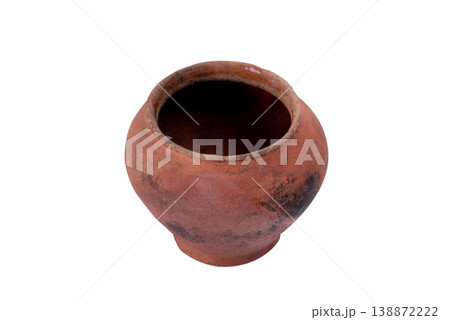 Rustic Clay Pitcher with Handle Isolated on White. Antique Rustic earthenware jug with Aged Terracotta surface Rustic Clay Pitcher with Handle Isolated on White. Antique Rustic earthenware jug with Aged Terracotta surface 138872222