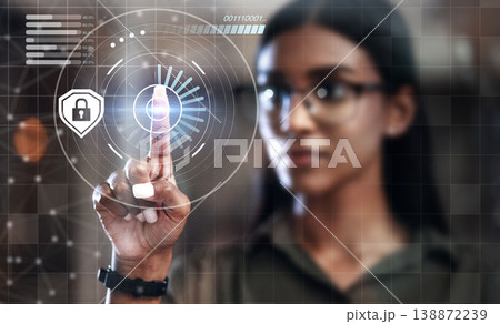 Woman, fingerprint scan and biometrics for futuristic cyber security on hologram or dashboard hud at office. Hand of female person in recognition for digital access, identification or verification Woman, fingerprint scan and biometrics for futuristic cyber security on hologram or dashboard hud at office. Hand of female person in recognition for digital access, identification or verification 138872239
